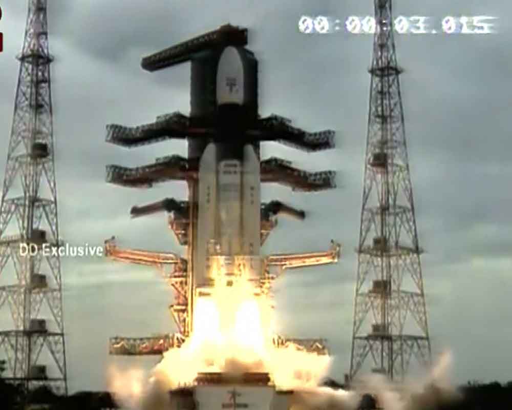 GSLV rocket carrying India's moon mission Chandrayaan-2 lifts Off