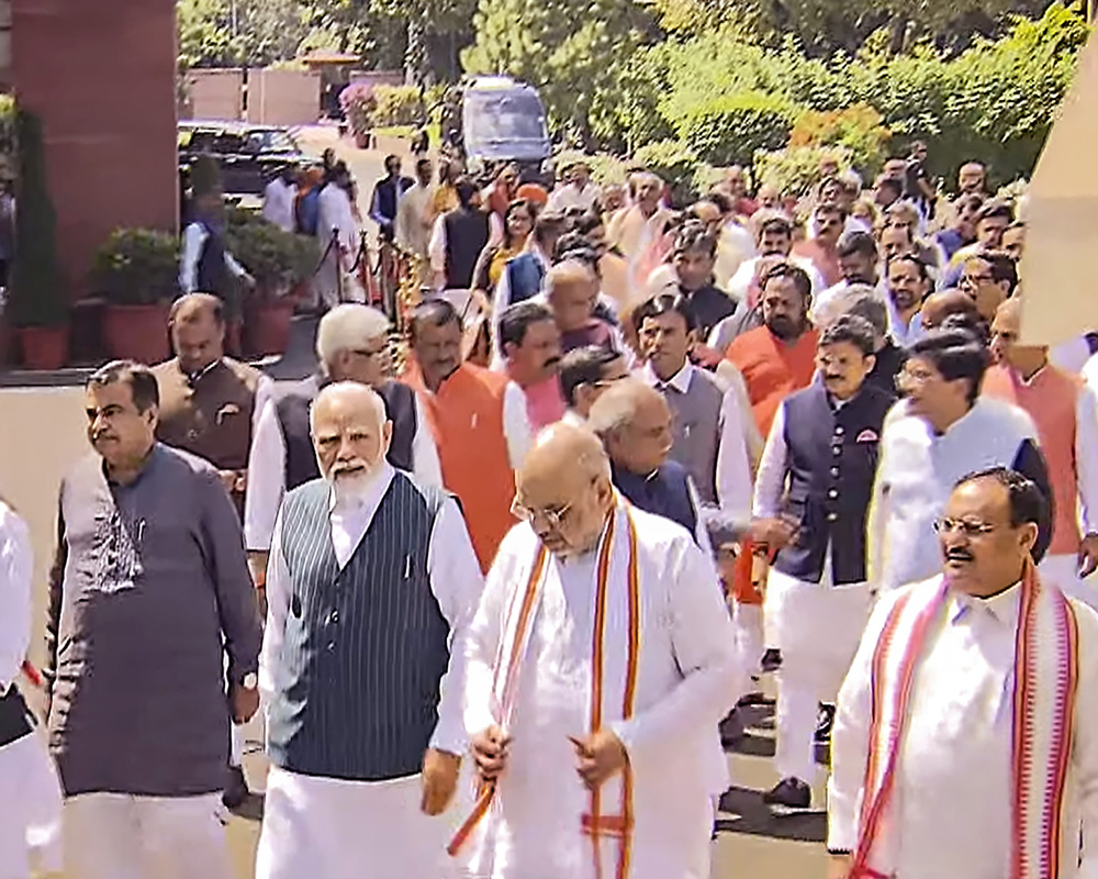 PM Modi, several MPs walk from old Parliament building to new one