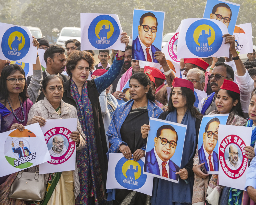 Ambedkar row: Opposition MPs hold protest against Amit Shah at Vijay Chowk