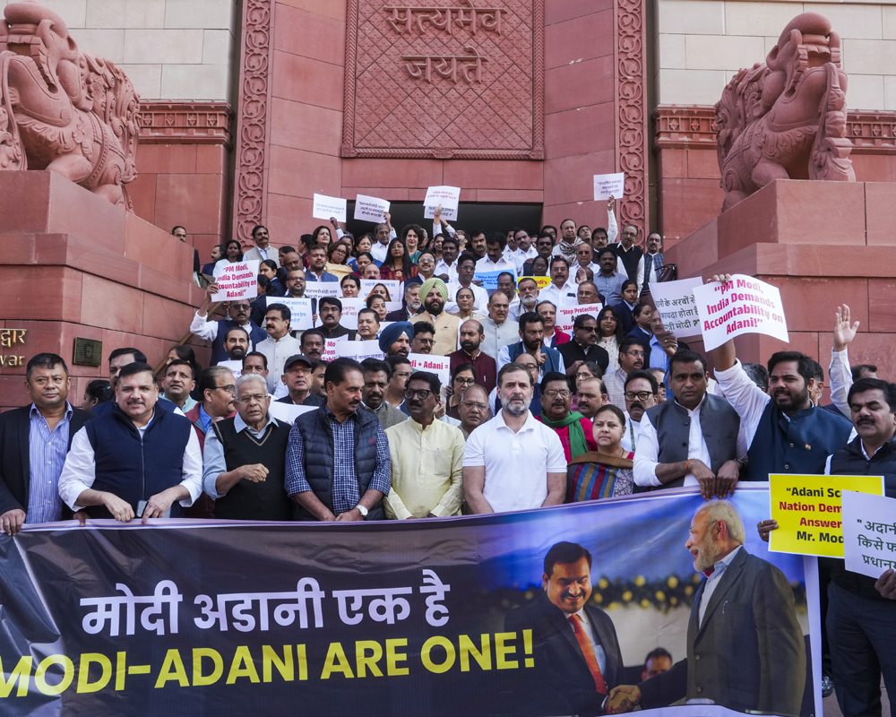 INDIA bloc MPs hold protest over Adani issue on Parliament premises