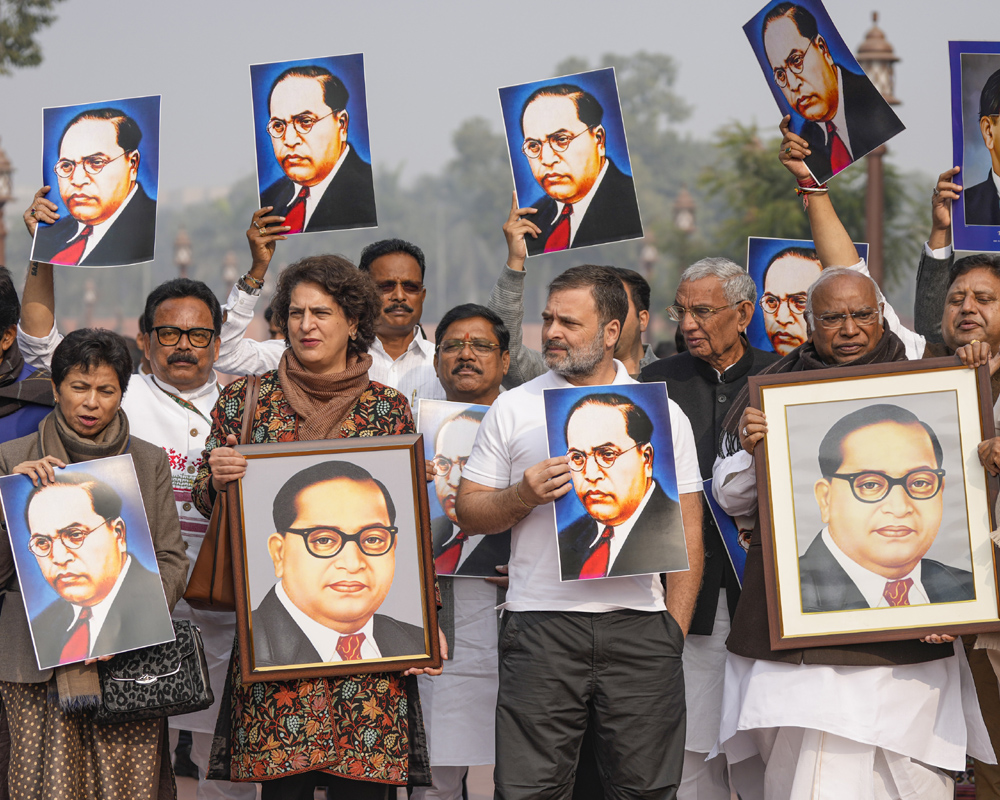 INDIA bloc MPs protest in Parliament premises, demand Amit Shah's apology for Ambedkar remarks