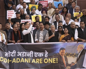 INDIA bloc MPs hold protest in Parliament complex over Adani issue, demand JPC probe