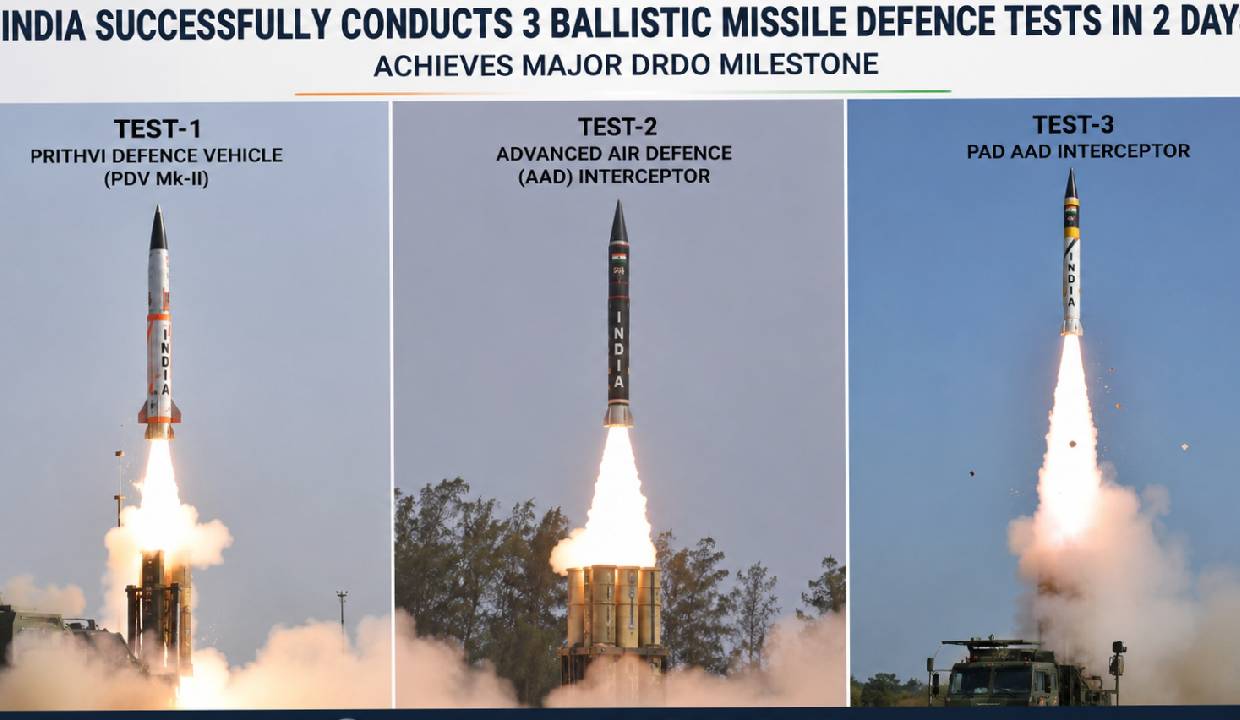 India successfully conducts 3 Ballistic Missile Defence tests in 2 days, achieves major DRDO milestone