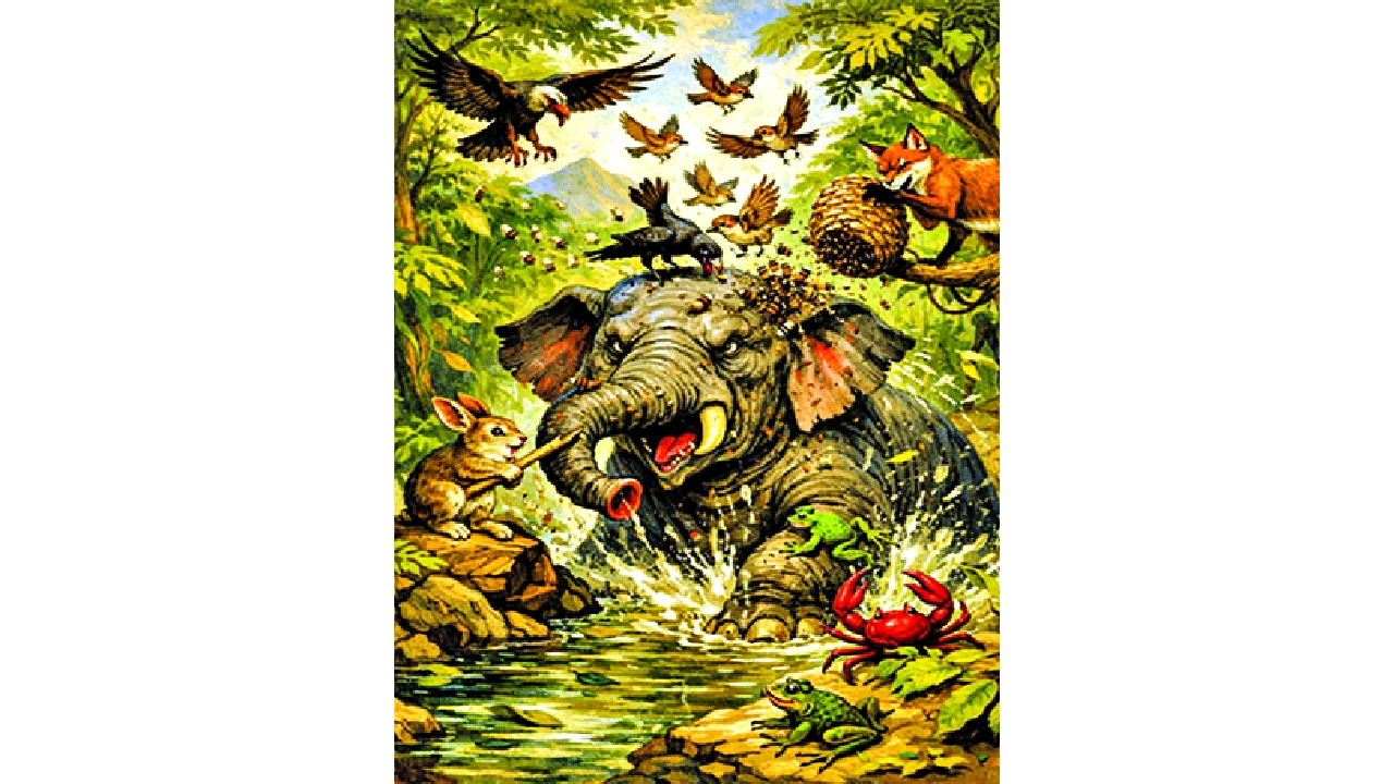 The sparrows and the elephant (strategy over strength) Panchatantra, Book I