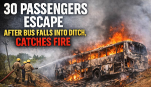 30 passengers escape after bus falls into ditch, catches fire