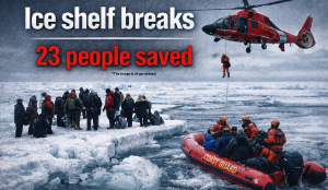 Ice shelf breaks, 23 people saved