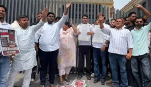 IYC protests outside RSS office over alleged 'casteist' ideology, burns Manusmriti pages