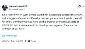 PM Narendra Modi credits BJP workers for party’s strong showing in West Bengal Assembly Elections 2026