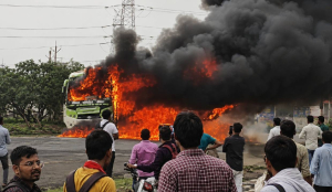 Rewa-Indore bus catches fire near Indore after tyre burst