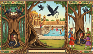 Table with Moral - The Cobra and the Crows - Panchatantra (Mitra bheda)