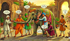 Table with Moral - The Elephant and the 6 Blind Men (A Jain fable)
