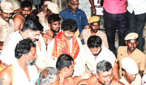 TVK chief Vijay prays at Tiruchendur temple ahead of results