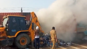 Woman, two daughters killed as container truck hits motorcycle in Mainpuri