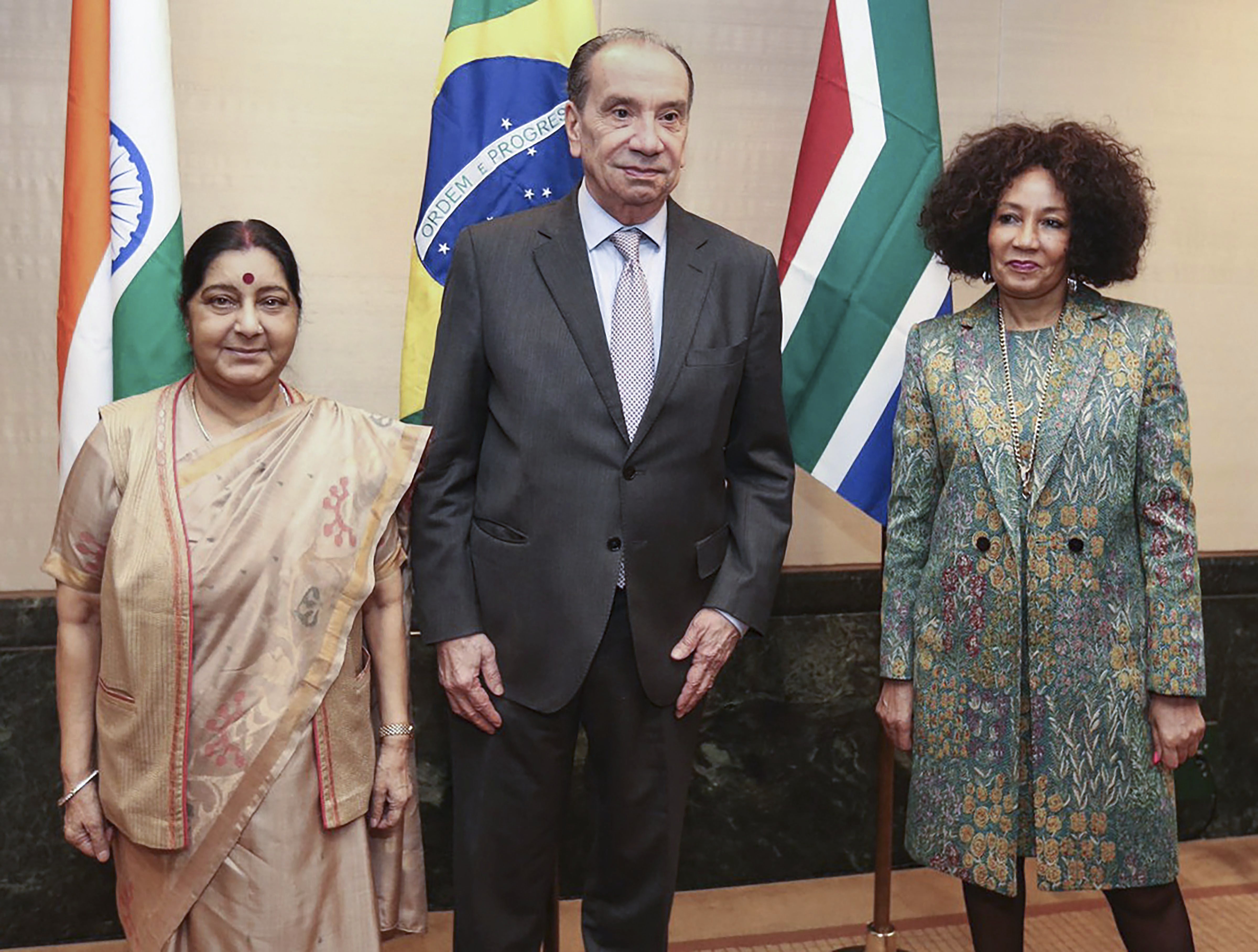 External Affairs Minister Sushma Swaraj with Brazilian Foreign Minister Aloysio and South African Foreign Minister Sisulu at IBSA-India Brazil South Africa meet in New York - PTI