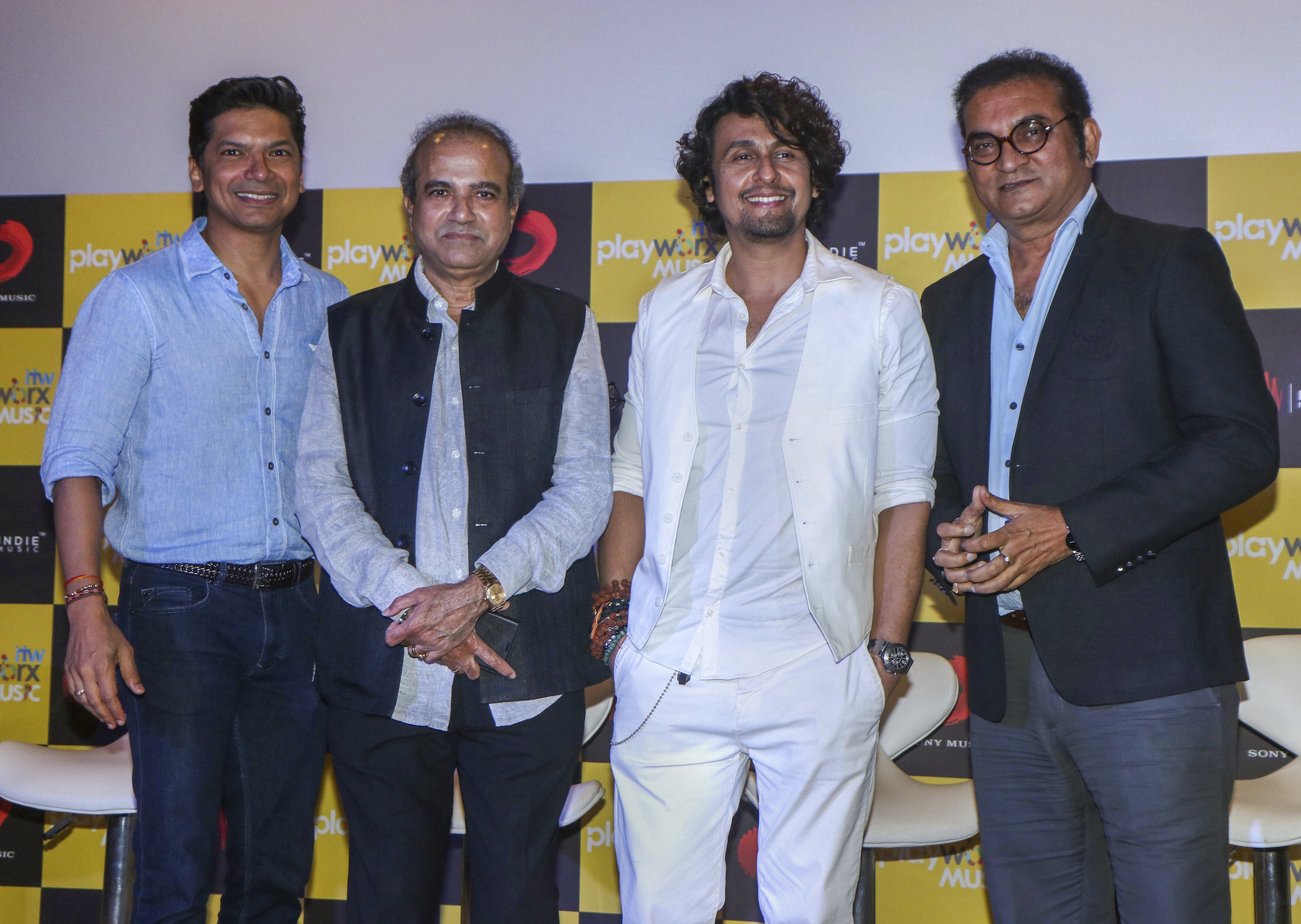 Bollywood playback singer Shaan, Suresh Wadkar, Sonu Nigam and Abhijit Bhattacharya during the launch of a new song 'Aye Zindagi', in Mumbai - PTI