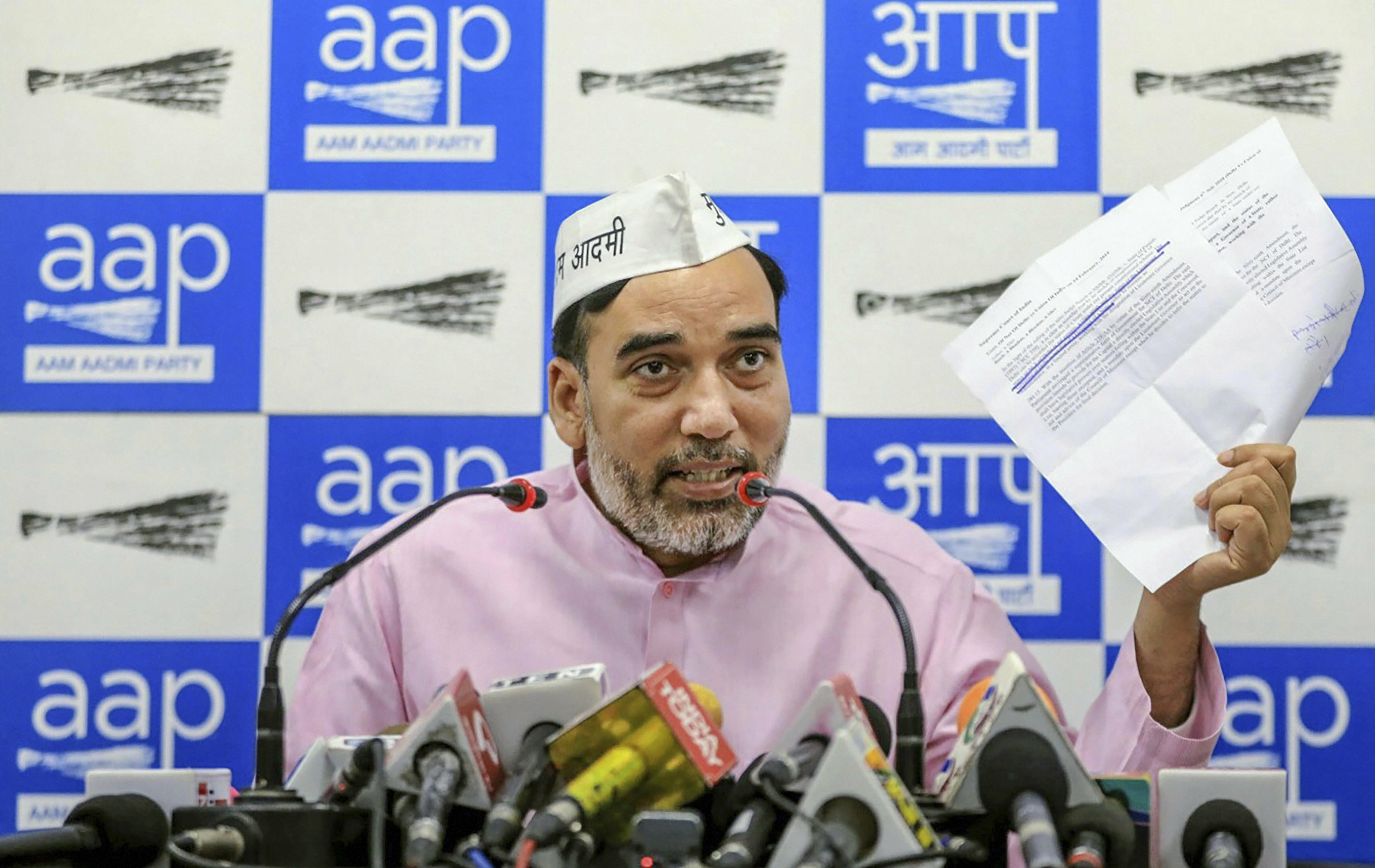 Delhi AAP convenor Gopal Rai addresses a press conference, in New Delhi - PTI