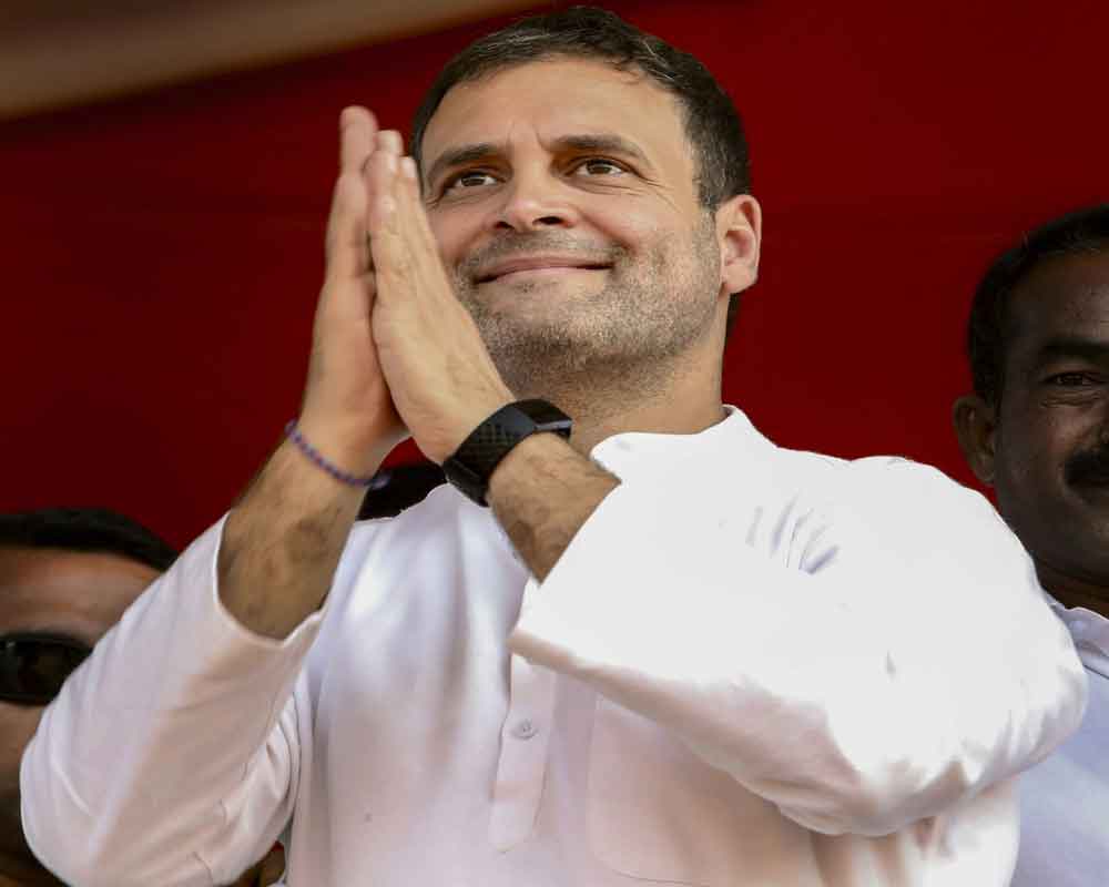 Congress President Rahul Gandhi gestures during a public meeting at Anantapur district - PTI