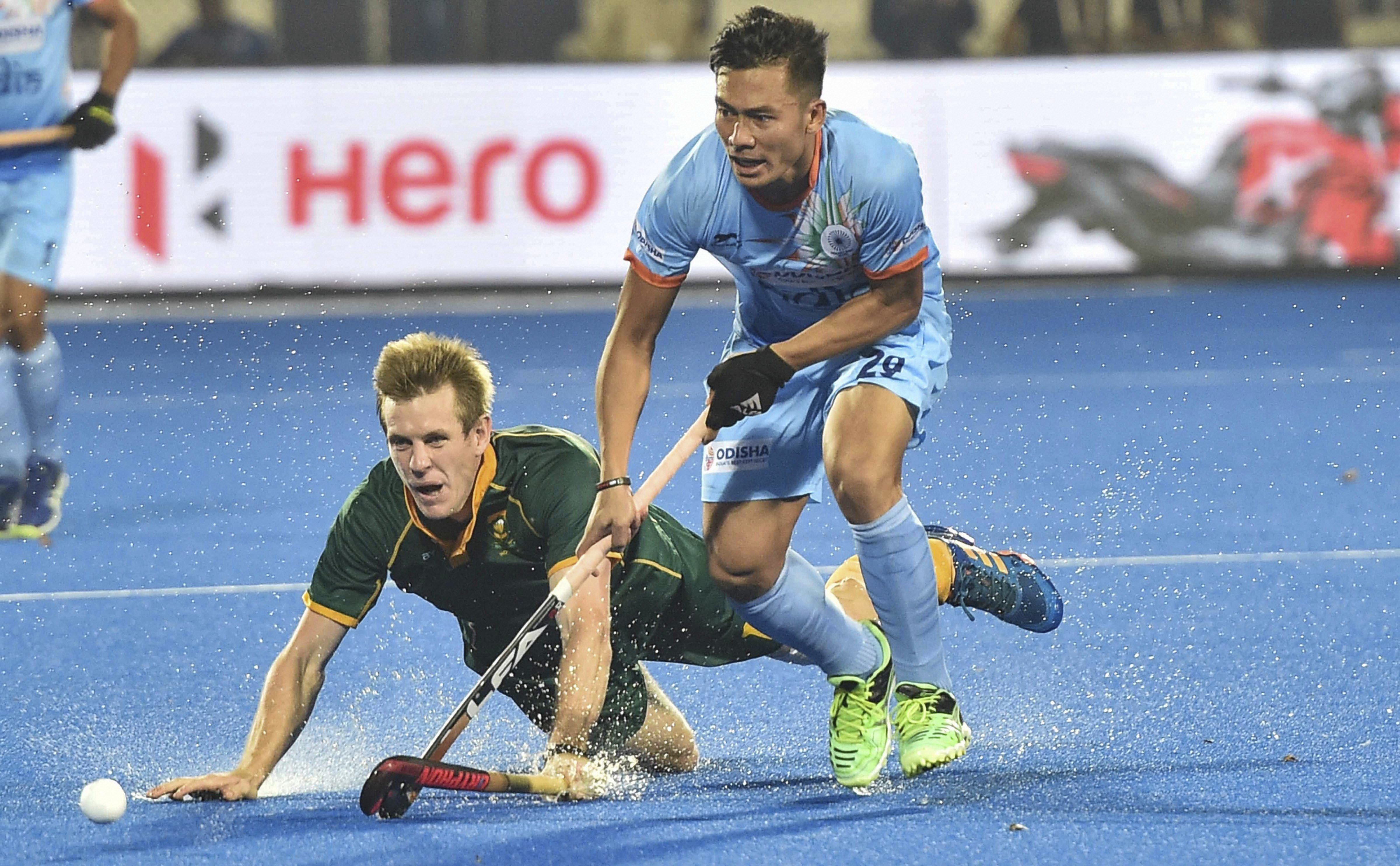 India's Chinglensana Kangujam (in blue) in action during a match against South Africa for Men's Hockey World Cup 2018, in Bhubaneswar - PTI