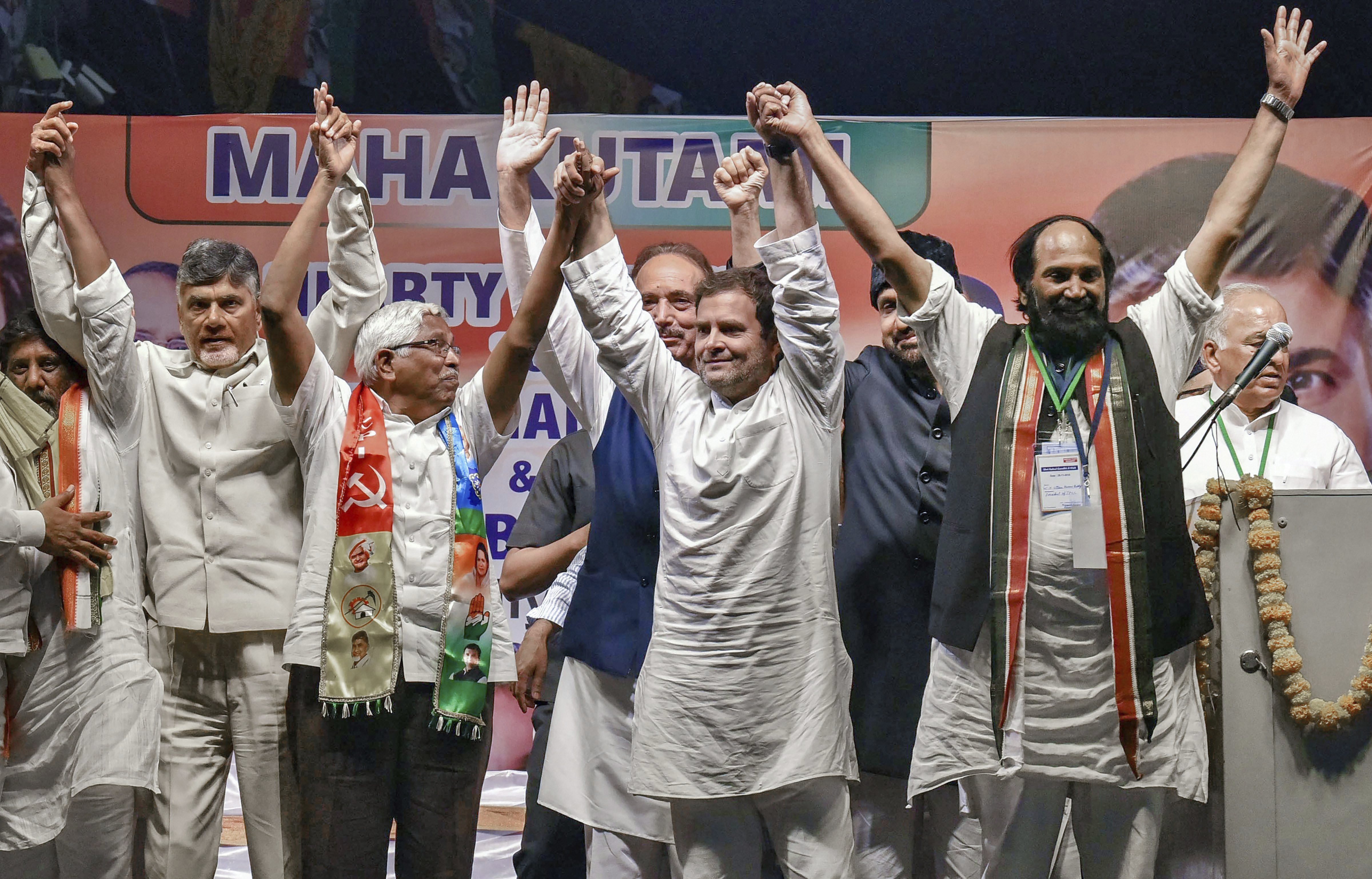 Congress President Rahul Gandhi with TDP President N Chandrababu Naidu and other leaders during a public meeting, in Hyderabad - PTI