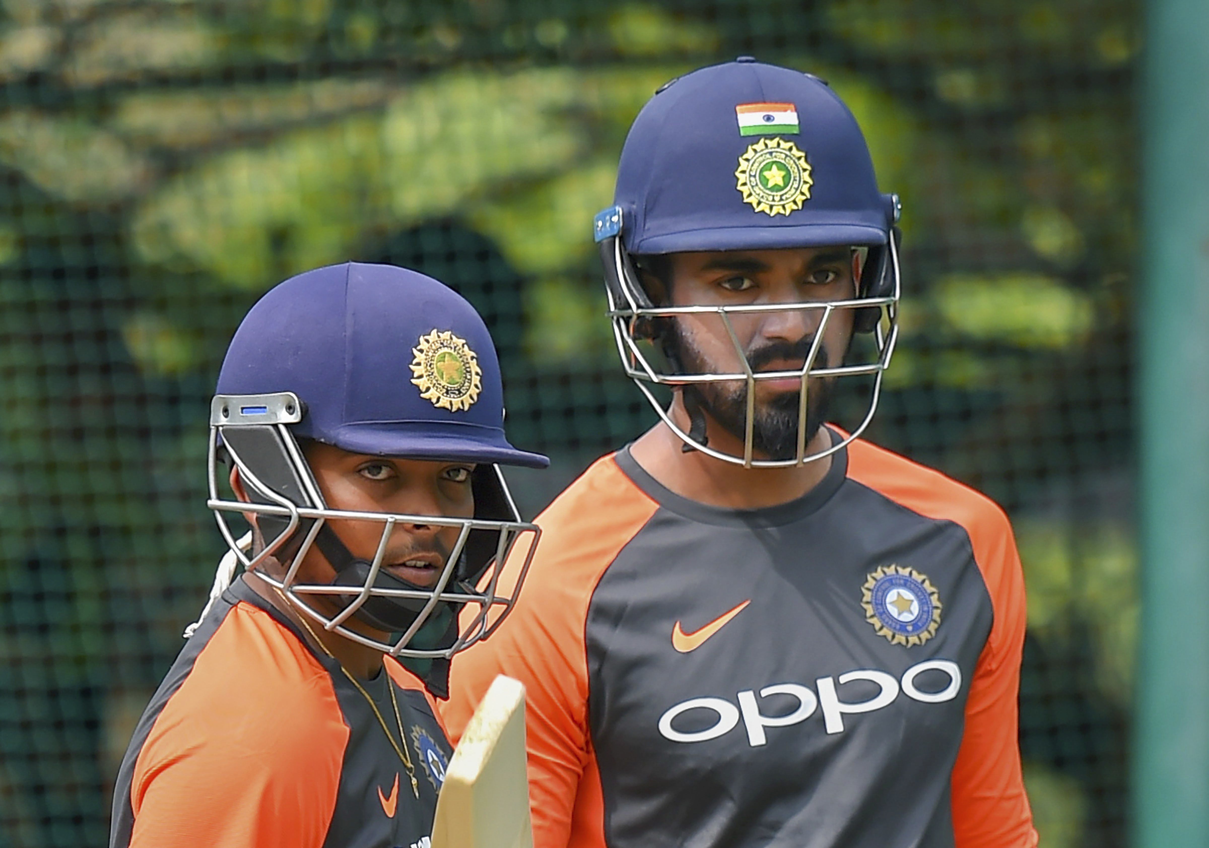 Indian cricketers Prithvi Shaw and Lokesh Rahul during a practice session ahead of India-West Indies second cricket test match, in Hyderabad - AP