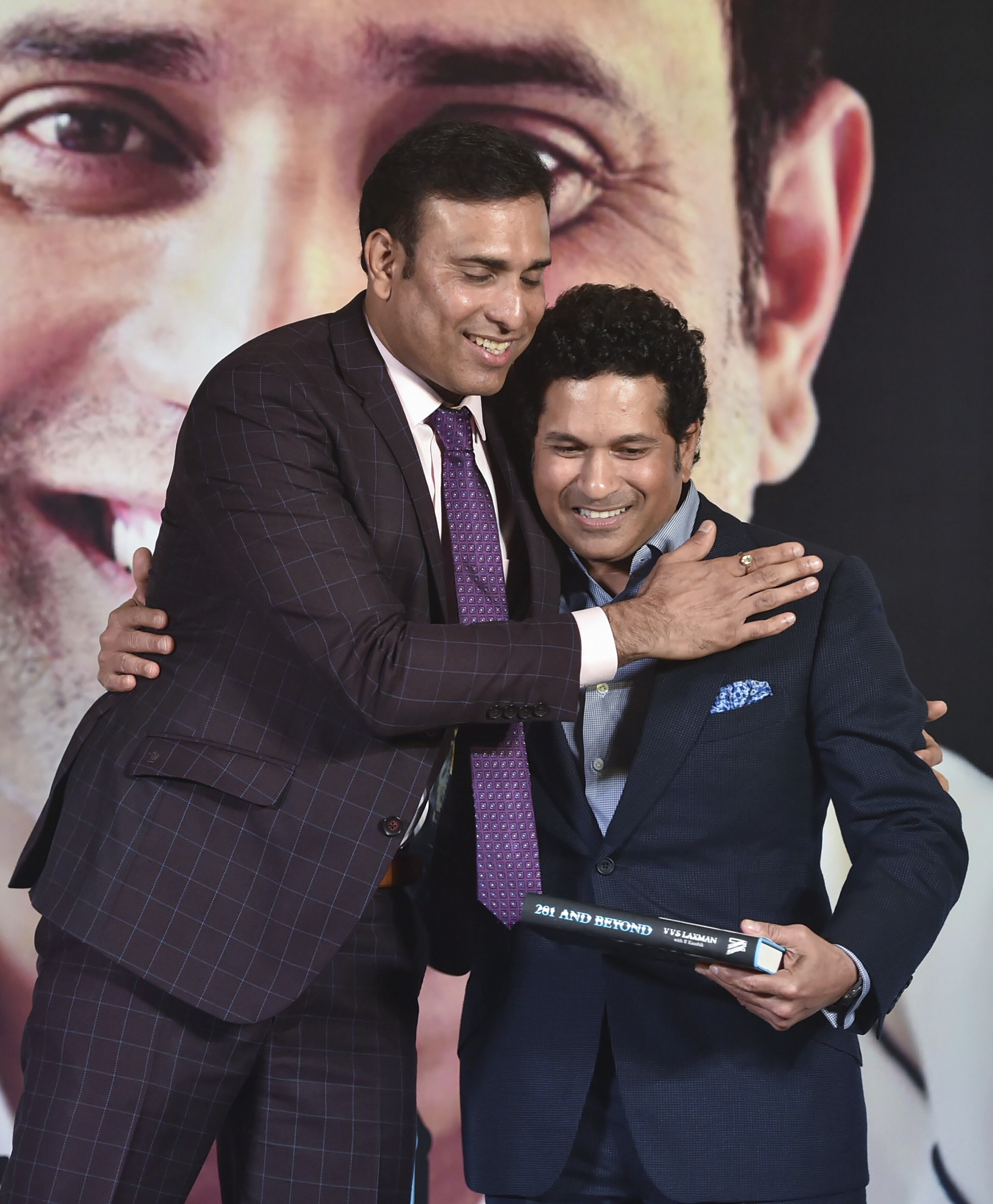 Former cricketers VVS Laxman and Sachin Tendulkar at the launch of Laxman's autobiography '281 and Beyond', in Mumbai - PTI