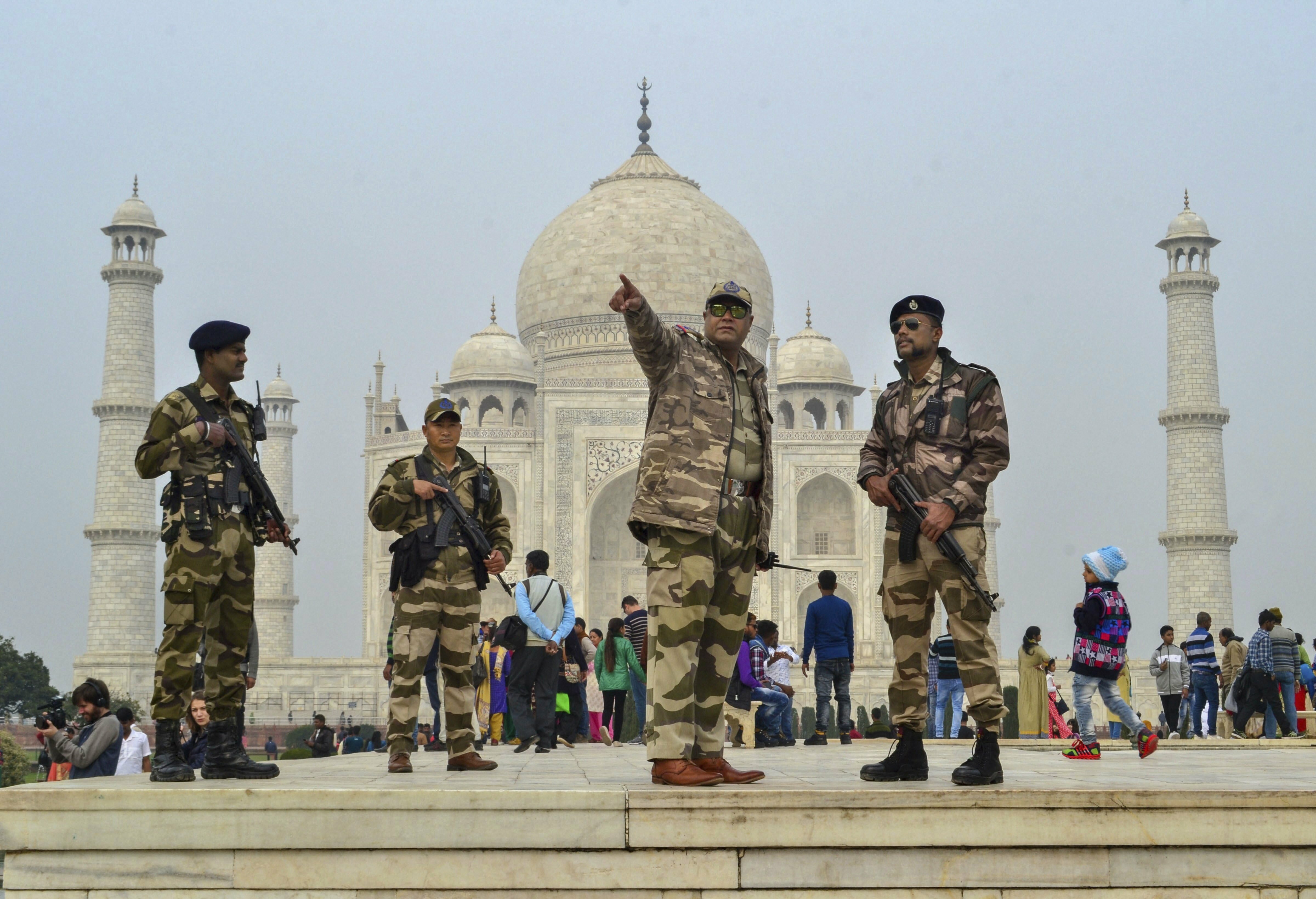 CISF personnel inspect the Taj Mahal complex ahead of the Republic Day, Agra - PTI