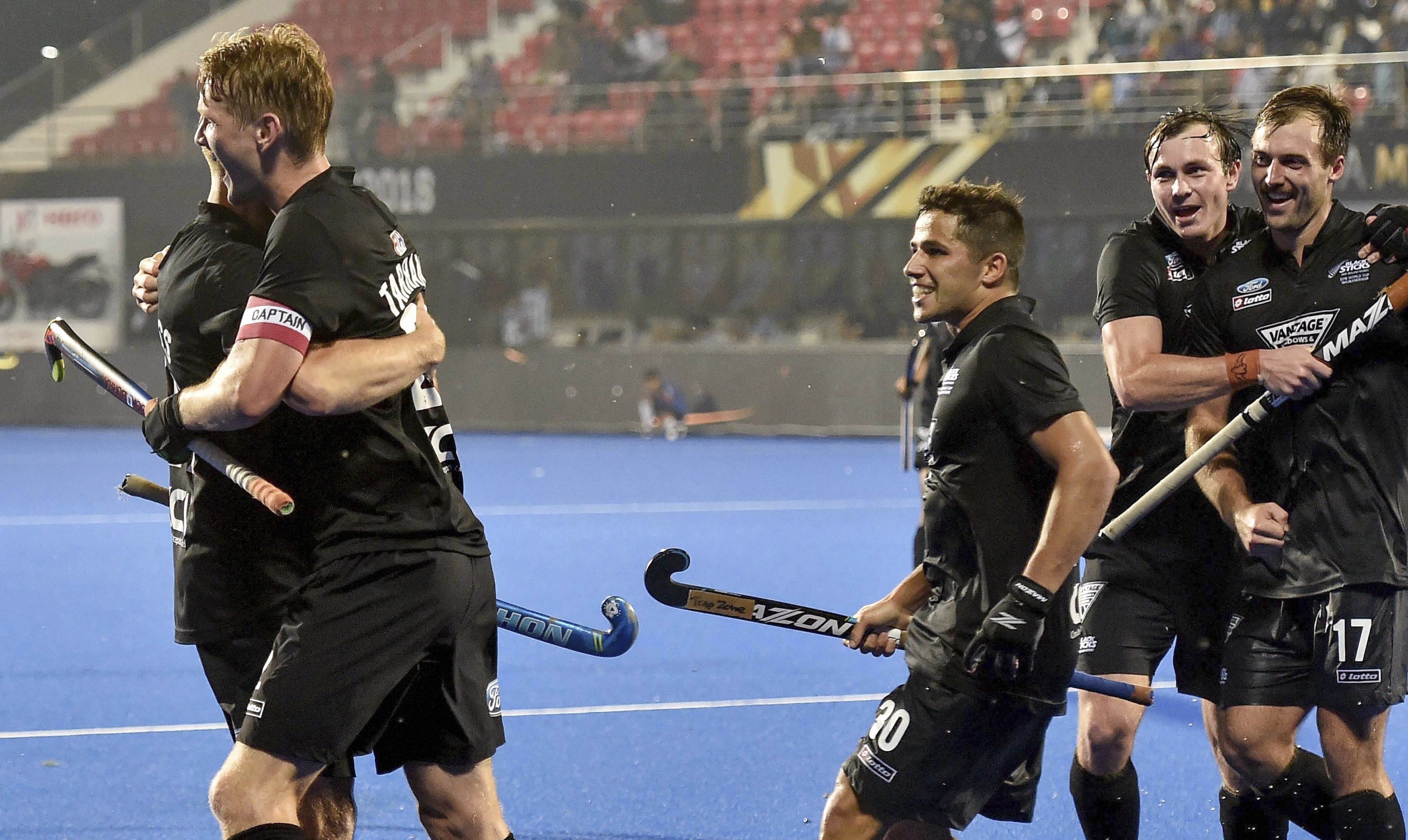 New Zealand players celebrate during a match against France in the Men's Hockey World Cup 2018, in Bhubaneswar - PTI