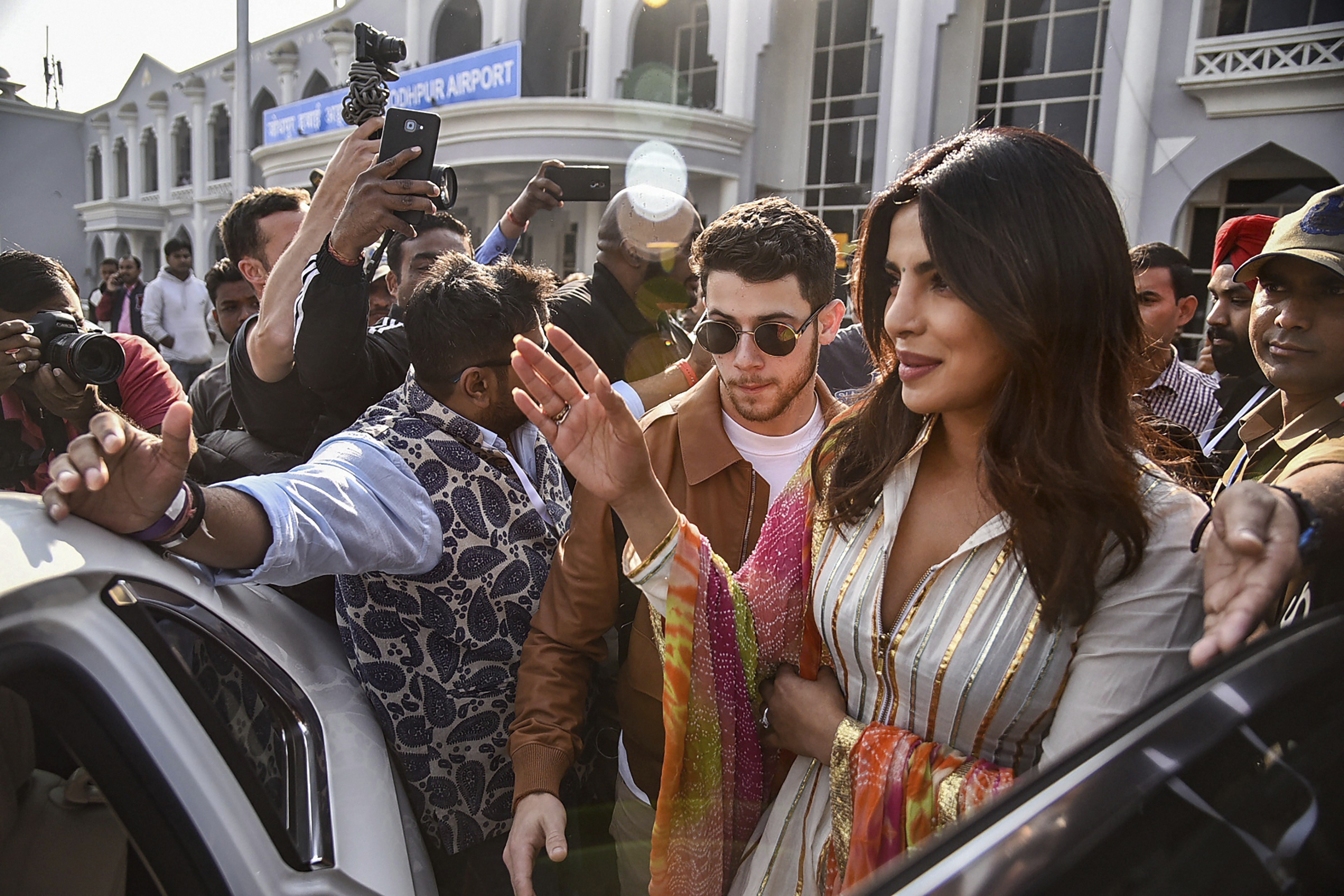 Bollywood actor Priyanka Chopra with her fiance American singer Nick Jonas arrive for their wedding ceremonies, in Jodhpur - PTI