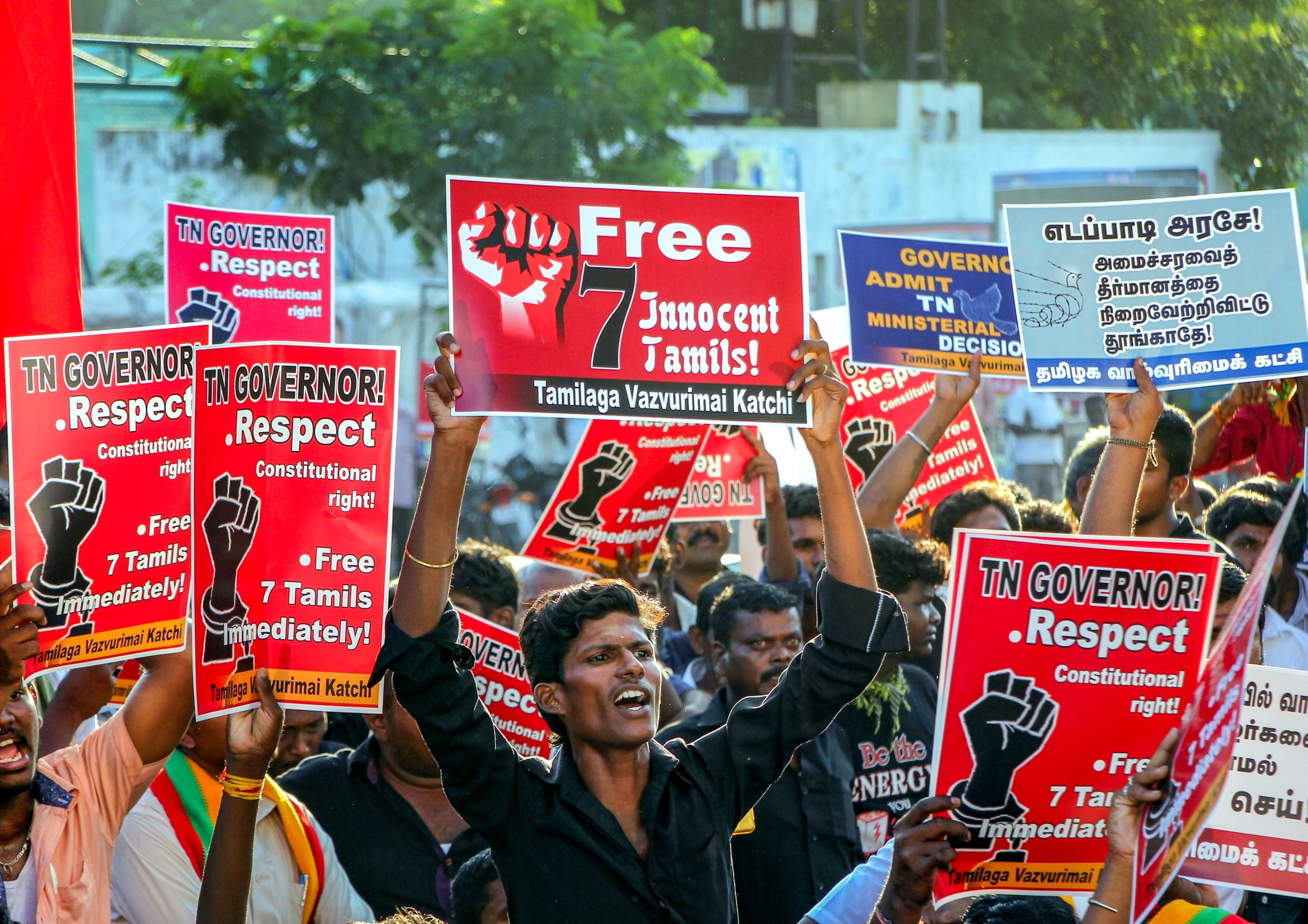 Members of Tamizhaga Vazhvurimai Katchi (TVK) protest against Tamil Nadu Governor Banwarilal Purohit for not making decision on Tamil Nadu Cabinet's recommendations, in Chennai - PTI