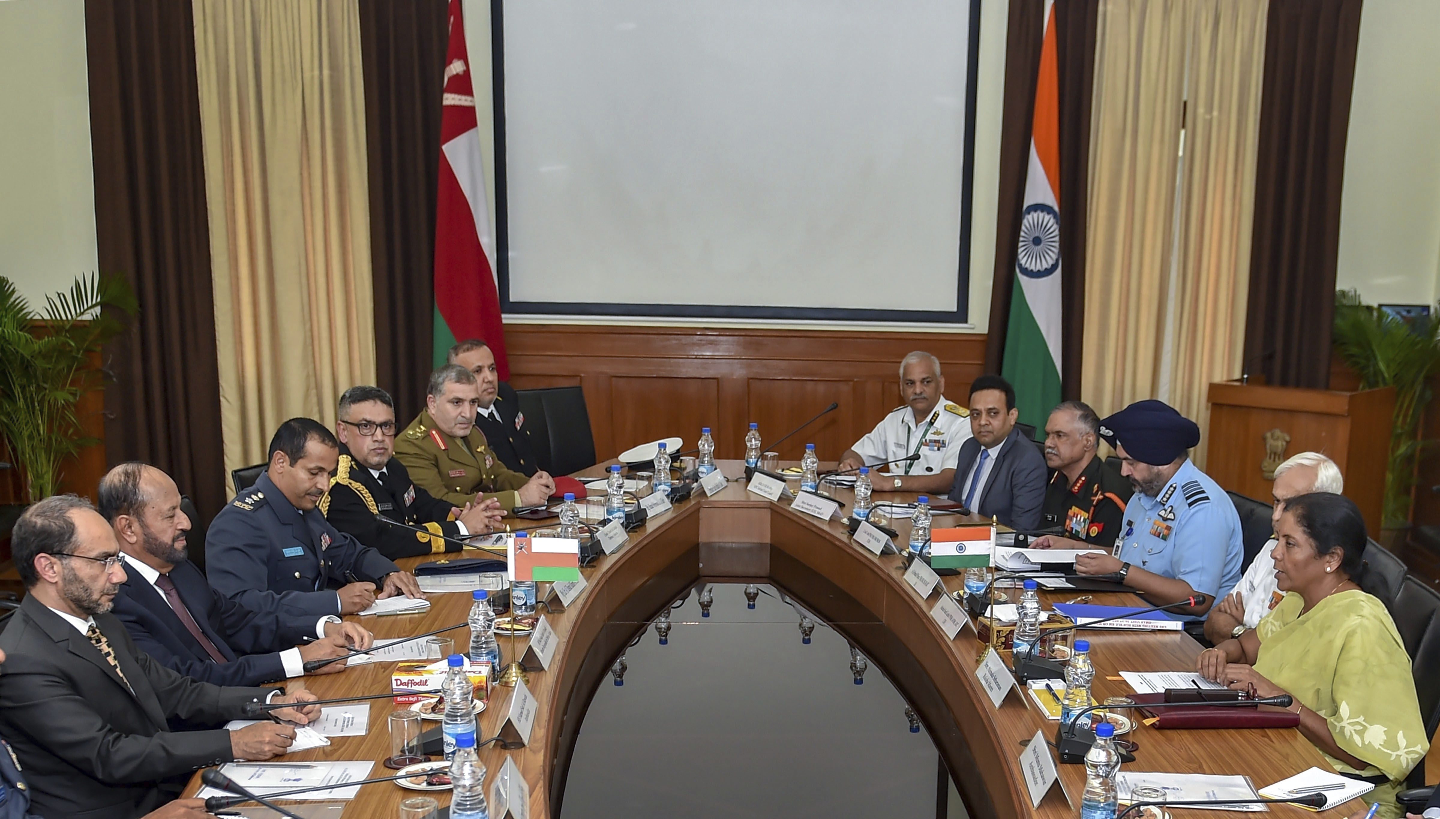 Defence Minister Nirmala Sitharaman with Indian Navy chief Admiral Lanba and IAF chief Air Chief Marshal BS Dhanoa during delegation level talks with Oman's Defence Minister Badr bin Saud al-Busaidi (second L) at South Block in New Delhi - PTI