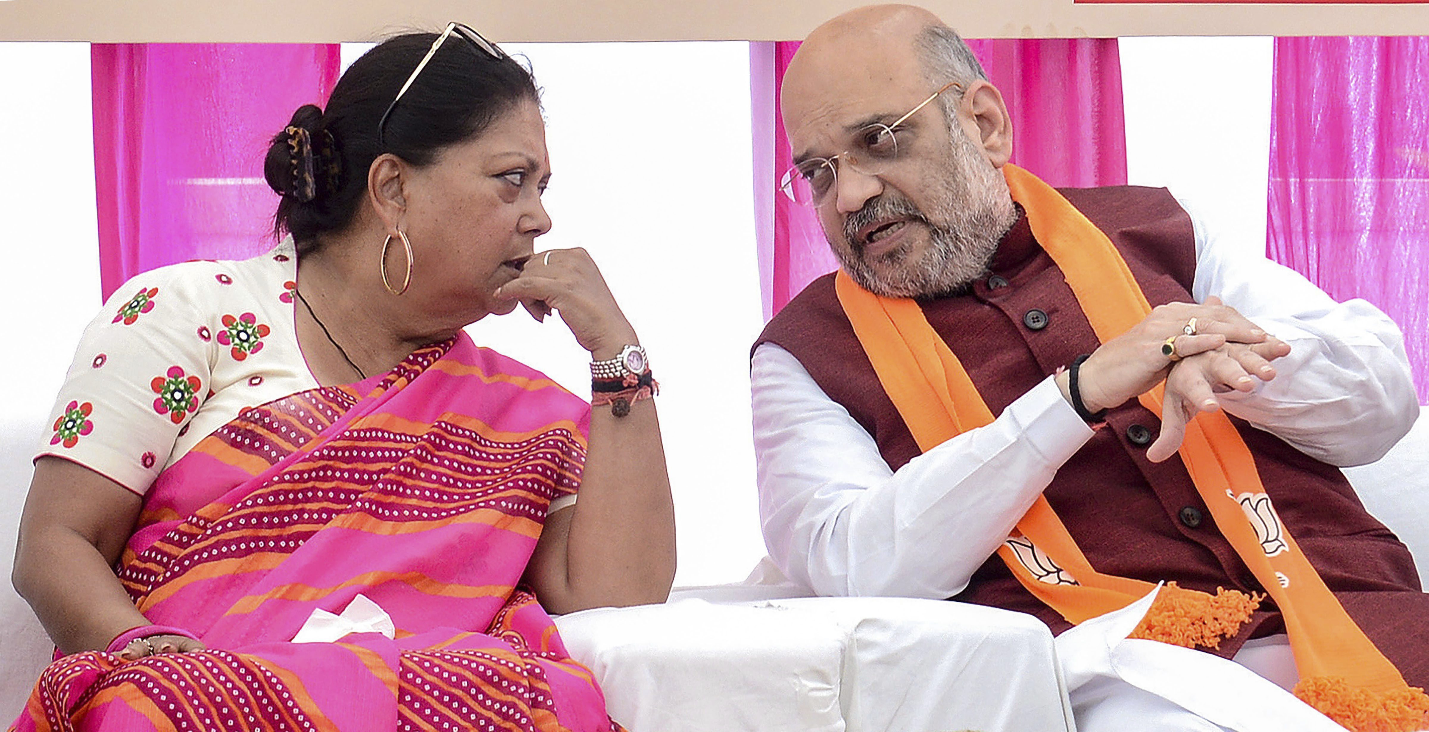 Bharatiya Janata Party President Amit Shah with Rajasthan Chief Minister Vasundhara Raje during the inauguration of Deendayal Upadhyay National Monument at Dhankya in Jaipur - PTI