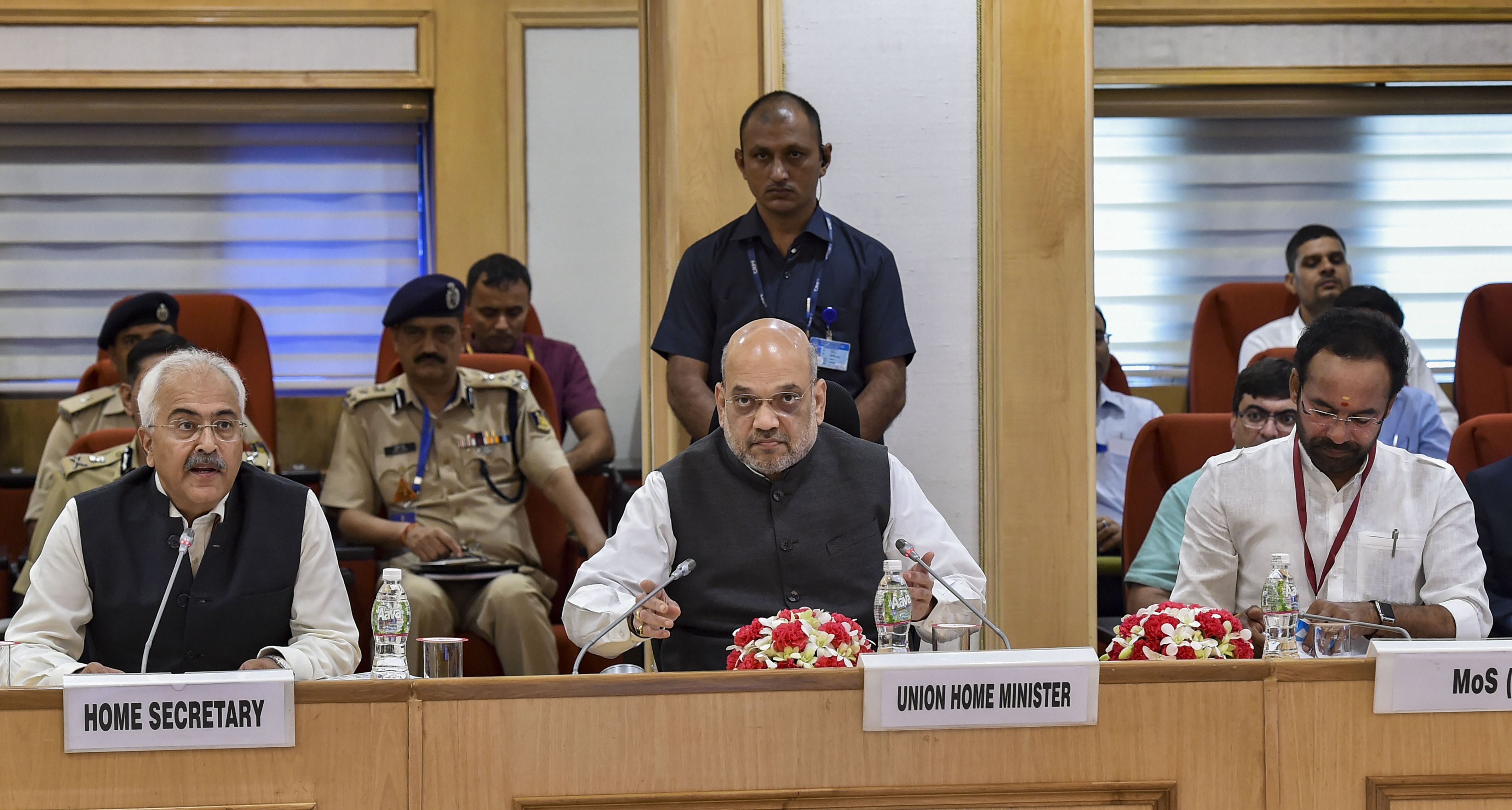 Home Minister Amit Shah, Minister of State G Kishan Reddy and Home Secretary Ajay Kumar Bhalla (L) during a review meeting on Left Wing Extremism (LWE) at Vigyan Bhavan - PTI