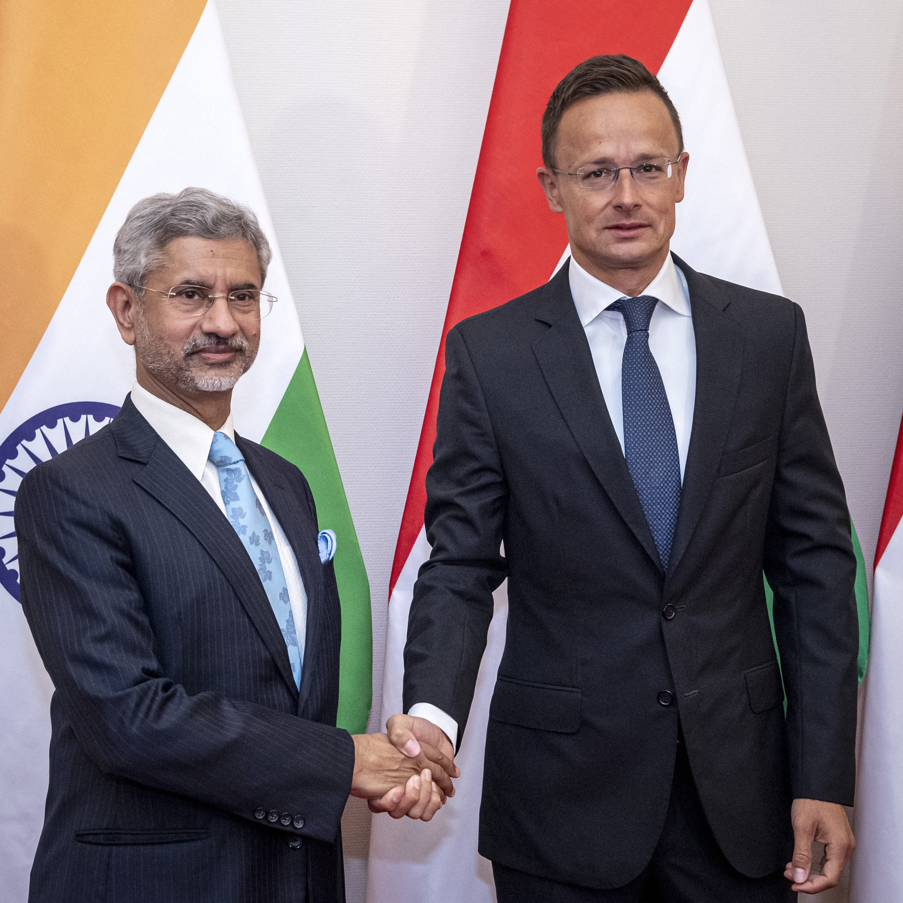 Hungarian Minister of Foreign Affairs and Trade, Peter Szijjarto, right, welcomes Indian Foreign Minister Subrahmanyam Jaishankar in the Ministry of Foreign Affairs and Trade in Budapest, Hungary - PTI